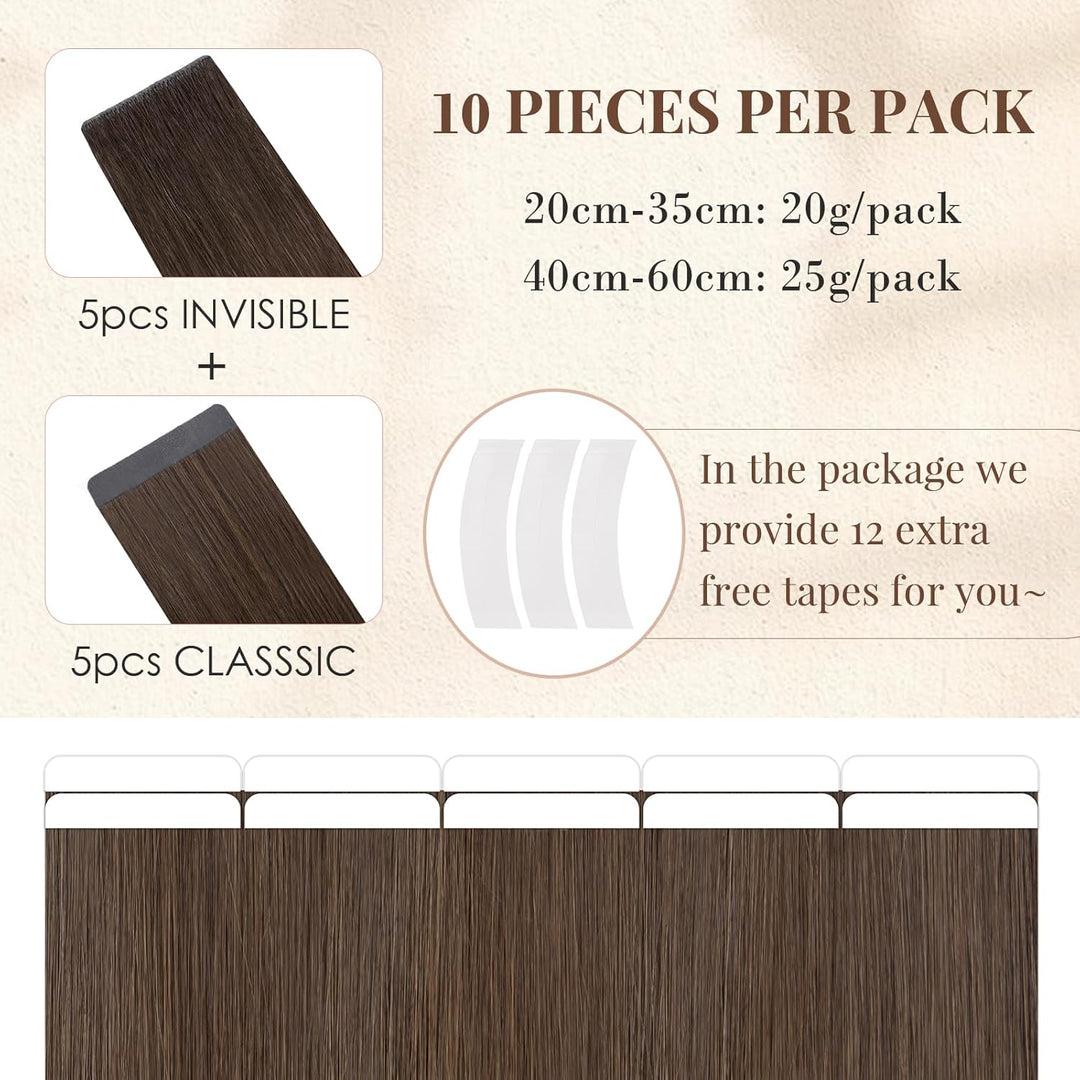 Elailite Tape Extensions Echthaar #2 Dunkelbraun, 10 Stück Unsichtbar Kleber Haarverlängerungen 20g,