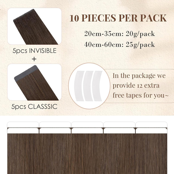 Elailite Tape Extensions Echthaar #2 Dunkelbraun, 10 Stück Unsichtbar Kleber Haarverlängerungen 20g,