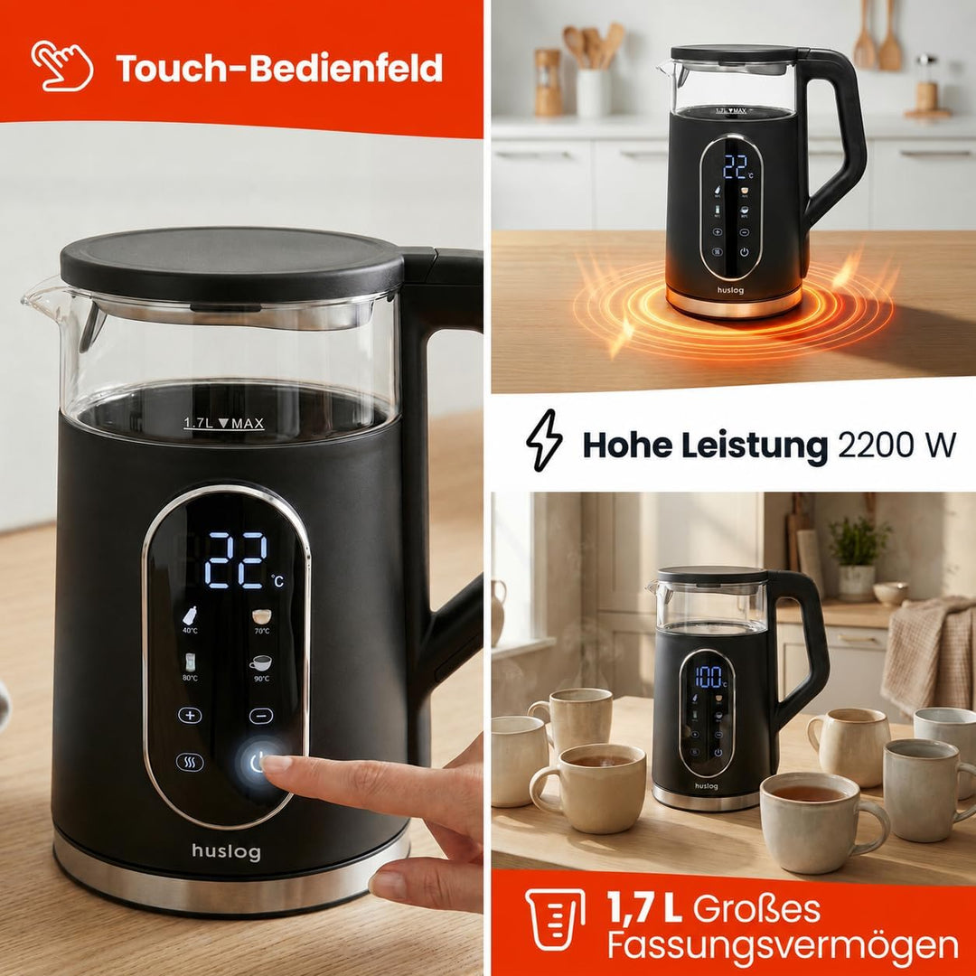 Elektrischer Wasserkocher mit Temperaturanzeige Glas 1,7L 2200W Touchpanel LED Display Warmhaltefunk