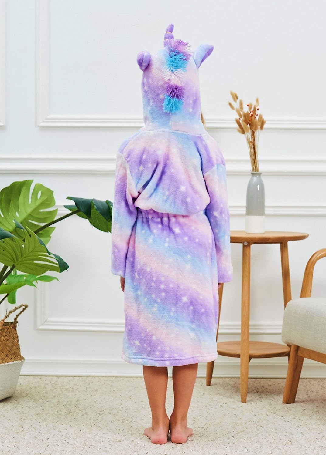 Piefry Weicher Einhorn-Bademantel mit Kapuze für Mädchen mit Einhorn-Pantoffeln, Augenbinde und Stir