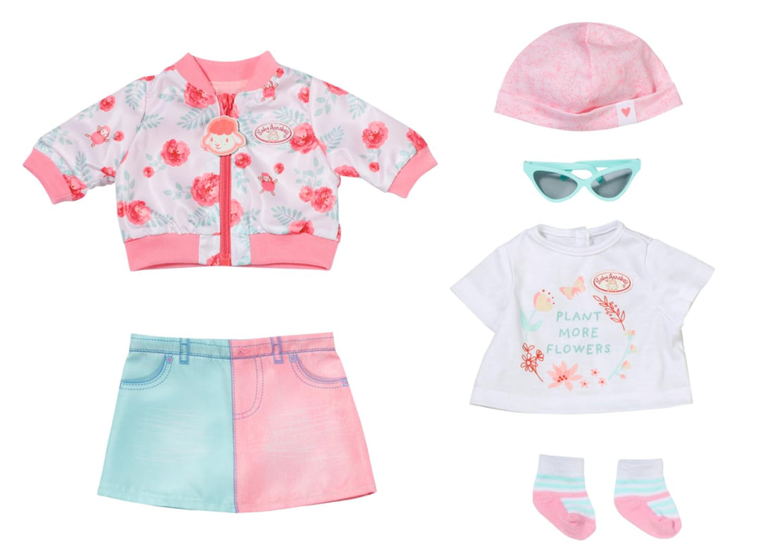 Baby Annabell Deluxe Frühling Puppenoutfit mit Rock, Bomberjacke, Mütze und Sonnenbrille für 43 cm P