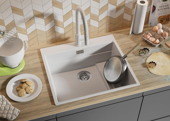 PRIMAGRAN Spülbecken Weiss 58x53cm, Granitspüle 1 Becken + Ablauf-Set, Küchenspüle ab 60er Unterschr