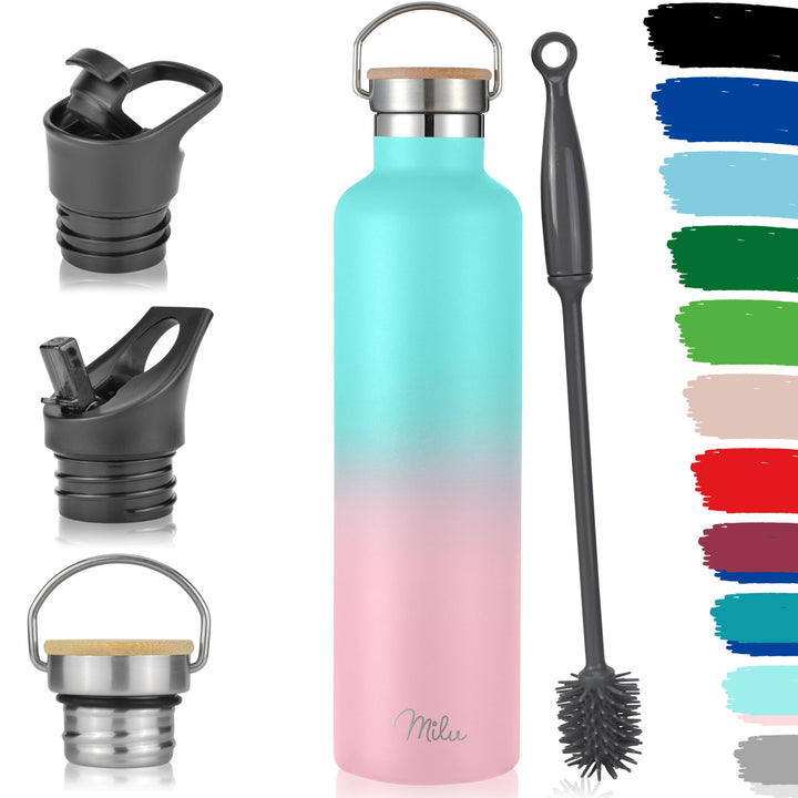 Milu Edelstahl Trinkflasche 500ml, 750ml, 1000ml (+3 Deckel) - Thermosflasche mit Strohhalm, Isolier