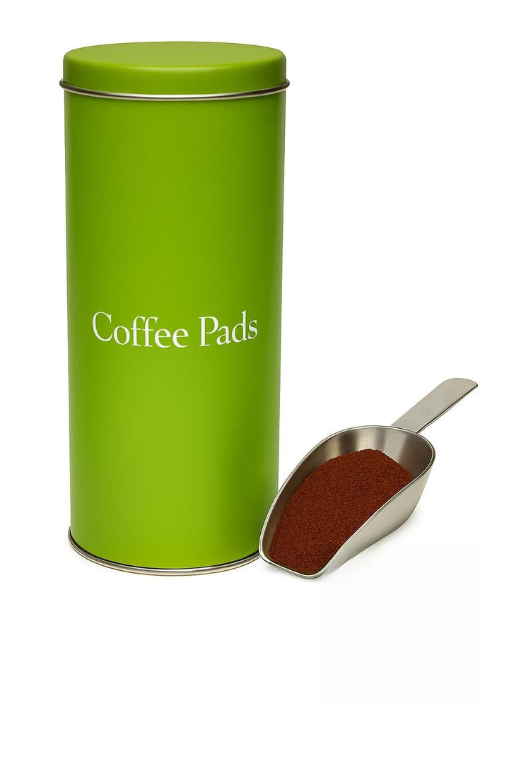 Kaffee Pad Dose, 18 cm Höhe, Edelstahl Padheber, Espresso Grün, mit 18 Pads