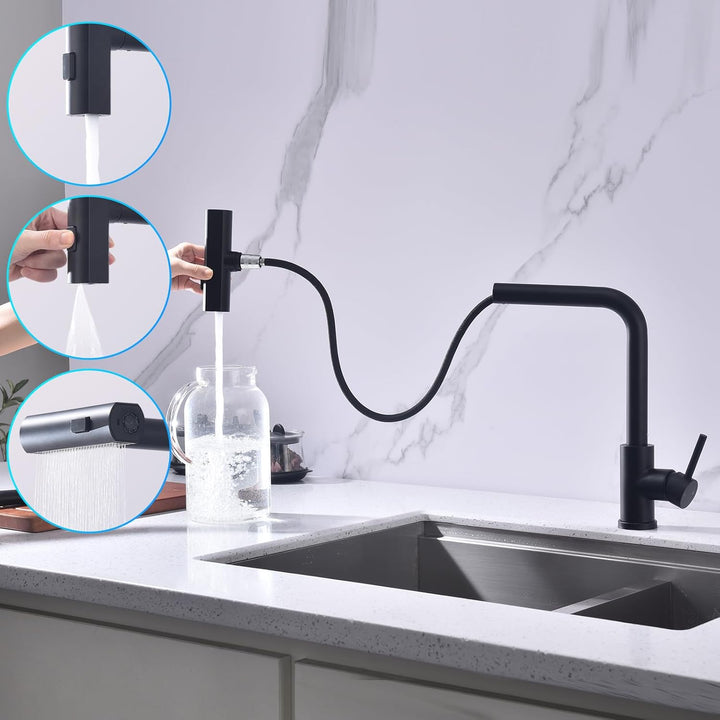HOMELODY Wasserhahn Küche Schwarz, Küchenarmatur Ausziehbar mit 3 Strahlarten, Spültischarmatur mit