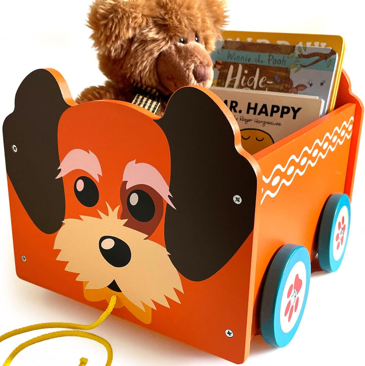 Spielzeugkiste aus Holz Hund | 2-in-1-Zugwagen & Aufbewahrungsbox auf Rädern für Kinderzimmer oder S