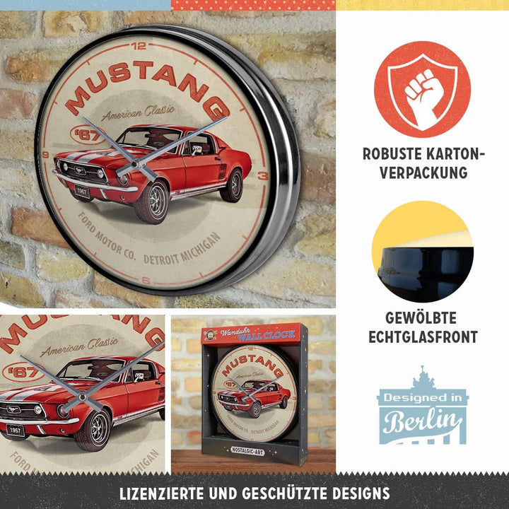 Nostalgic-Art Retro Wanduhr, Ø 31 cm, Ford Mustang – GT 1967 Red – Geschenk-Idee für Ford-Zubehör Fa