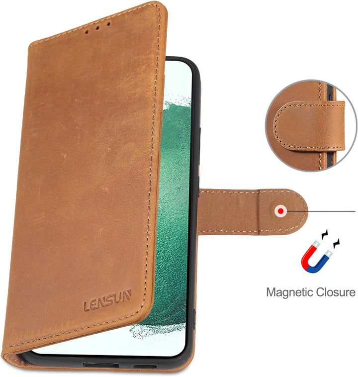 LENSUN Echtleder Hülle für Samsung Galaxy S22 Plus, Handyhülle [Echtes Leder][Magnetverschluss][RFID