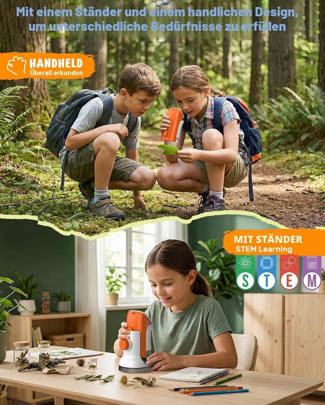 Mikroskop für Kinder mit Stand: Digitales Handmikroskop 100 – 1000 x: LCD-Display 4 K, 2,0 Zoll, USB
