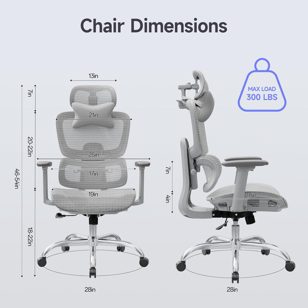 Ergonomischer Bürostuhl Schreibtischstuhl, Netzstoff Drehstuhl mit 2D-Lendenwirbelstütze & 3D-Kopfst