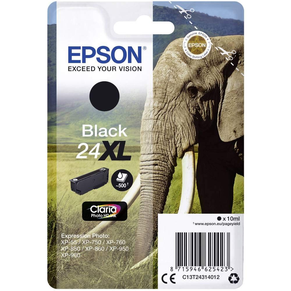Epson 24XL Black Elephant High Yield Genuine, Claria Photo HD Ink Cartridge, XL High Capacity Normal