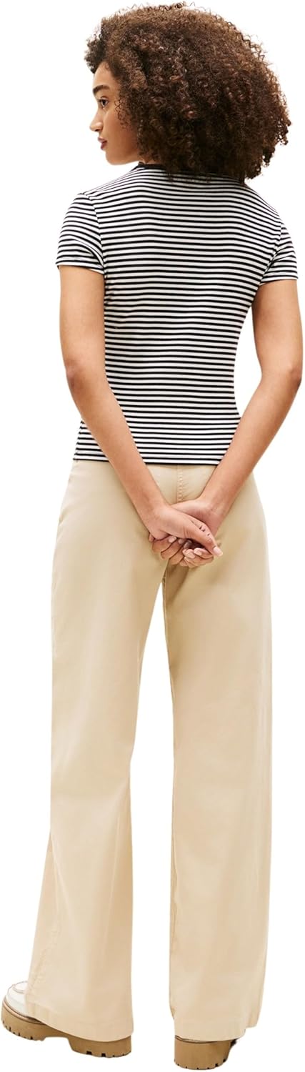 Tommy Jeans Damen T-Shirt Kurzarm Essential Rib Slim Fit XS Black (Black / Ecru Stripe), XS Black (B