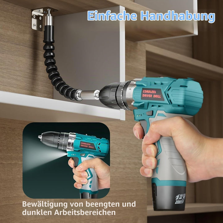 12V Akkuschrauber Set für Einsteiger &amp; Frauen, 25 Nm Drehmoment, 2×2000mAh Akku, 25+3 Drehmomentstuf
