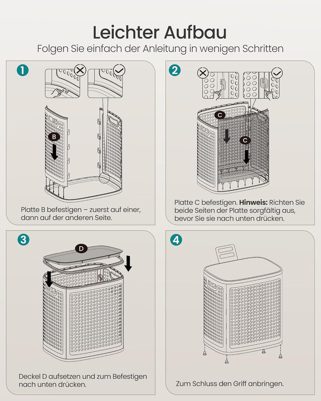 SONGMICS Wäschekorb mit Deckel, Wäschesammler Plastik, 75 L, Wäschetonne schmal, Wäschebox platzspar