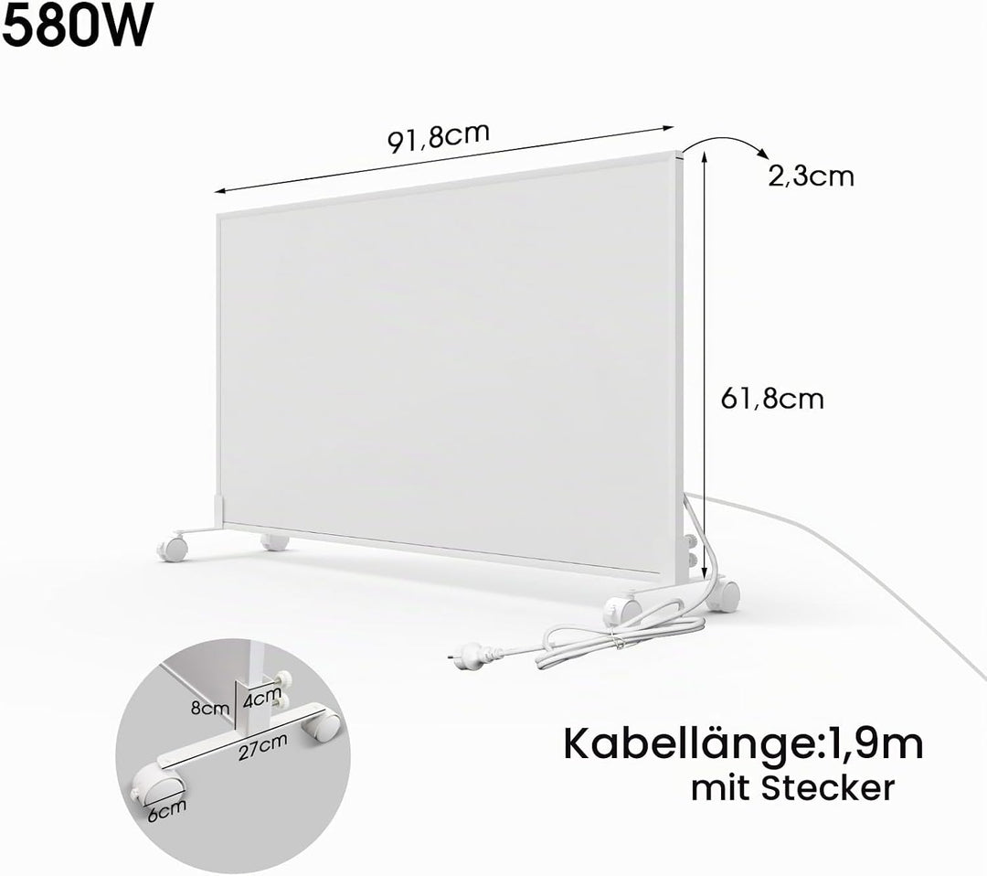 Infrarotheizung mit Thermostat Fernbedienung - 580 Watt - Elektroheizkörper - Infrarot Wandheizung H
