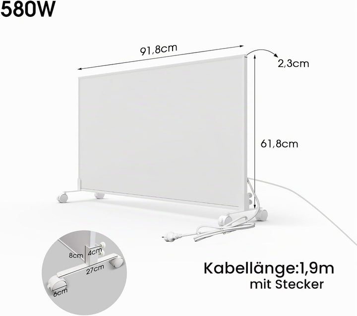 Infrarotheizung mit Thermostat Fernbedienung - 580 Watt - Elektroheizkörper - Infrarot Wandheizung H