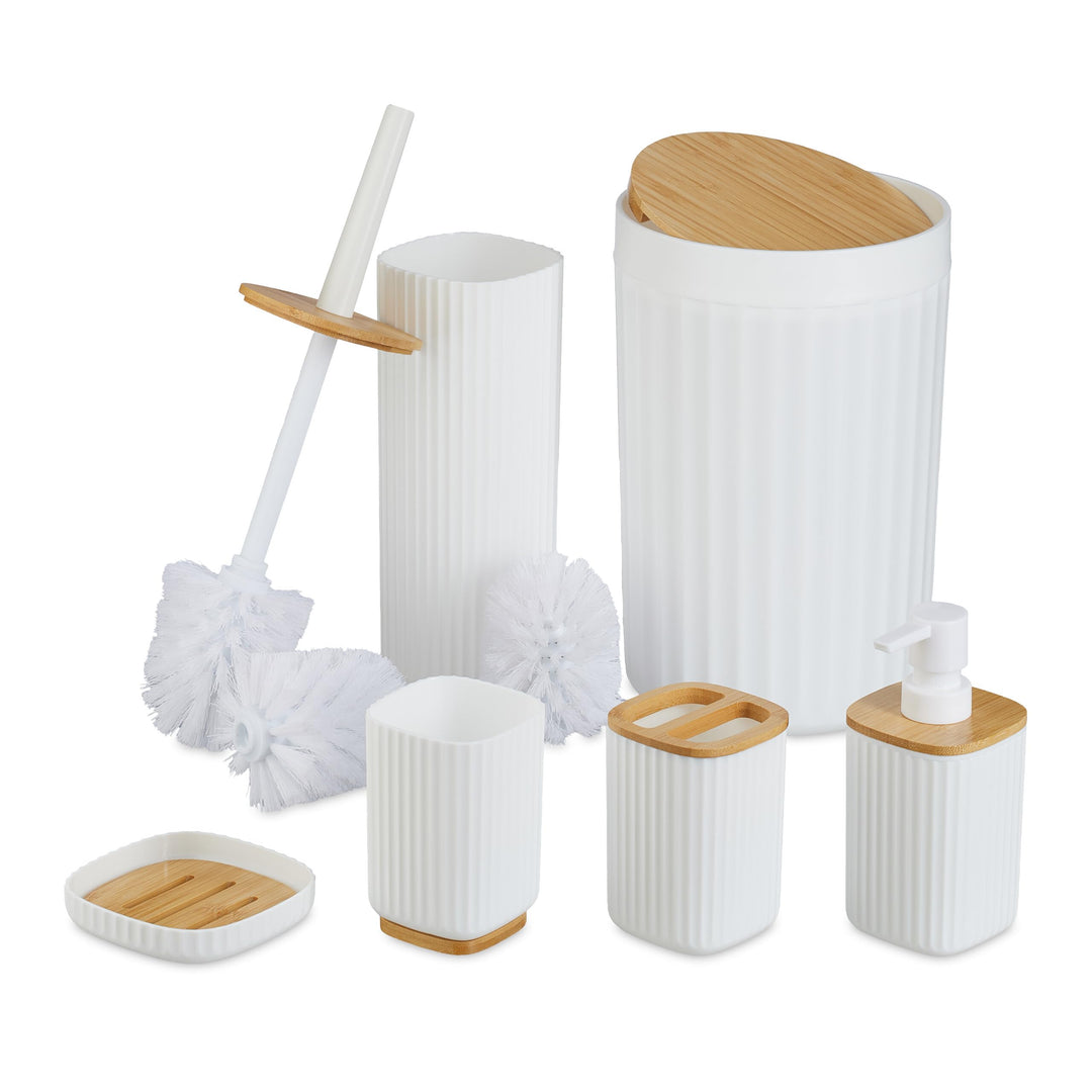 Relaxdays Badezimmer Set, 6-teilig, Badaccessoires Kunststoff & Bambus, komplettes Badzubehör-Set, B