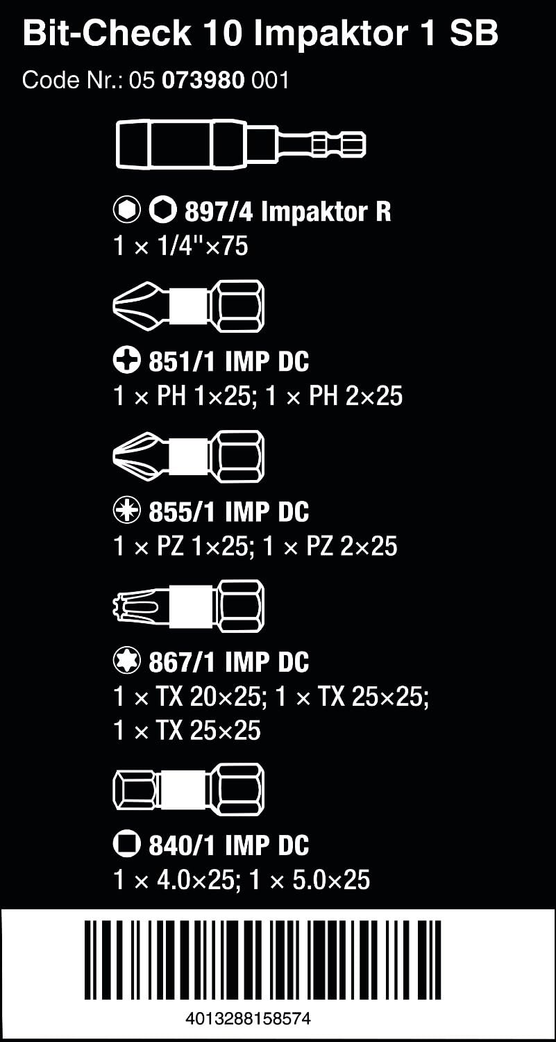 Wera Bit-Sortiment, Bit-Check 10 Impaktor 1 SB, 10-teilig, Wera 05073980001, Bit-Check 10 Impaktor 1
