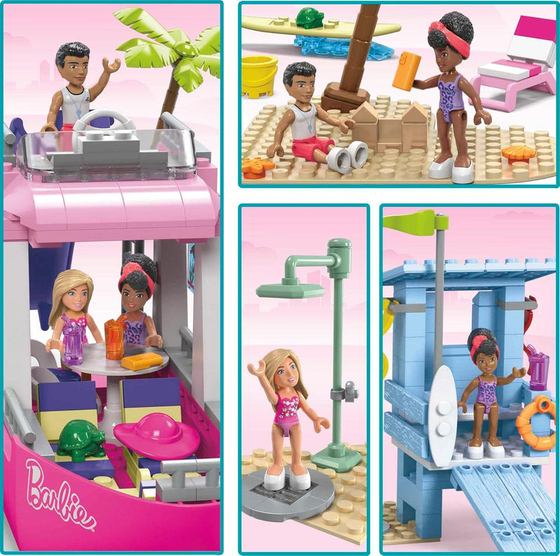 BARBIE Malibu Traumboot - Bauset mit 317 Teilen, inkl. 3 Barbie-Puppen, 2 Haustiere, Mode- & Strandz