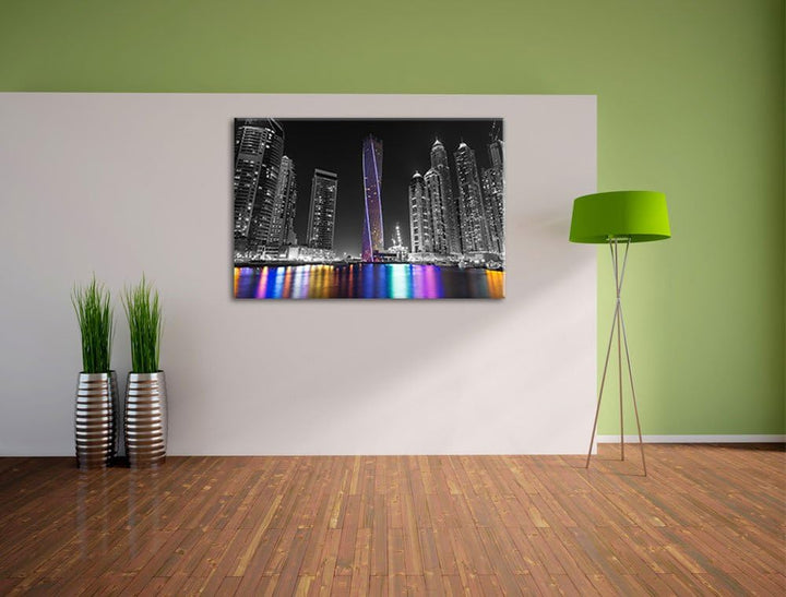 Skyline von Dubai bei Nacht schwarz/weiss Format: 100x70 auf Leinwand, XXL riesige Bilder fertig ger