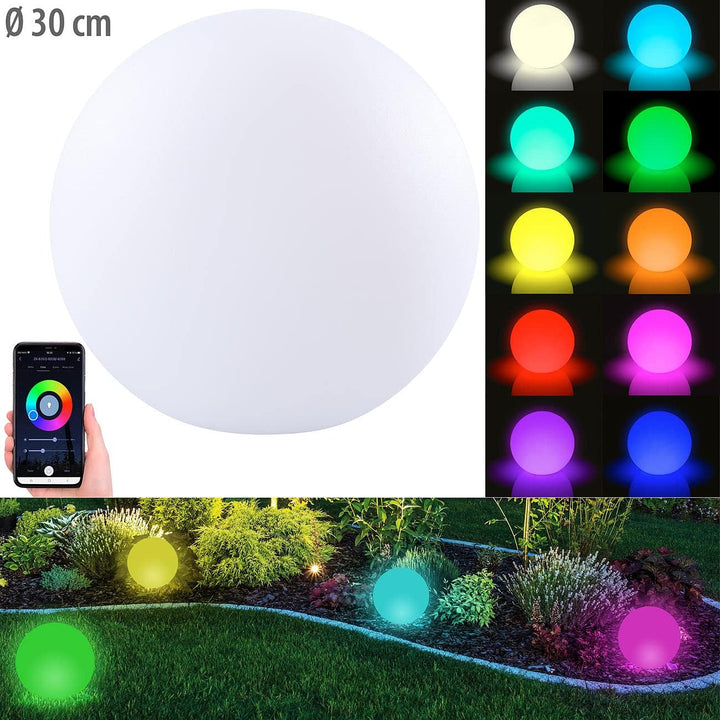 Luminea Home Control Leuchtkugeln: WLAN-Akku-Leuchtkugel mit RGBW-LEDs und App, 576 lm, IP54, Ø 30 c