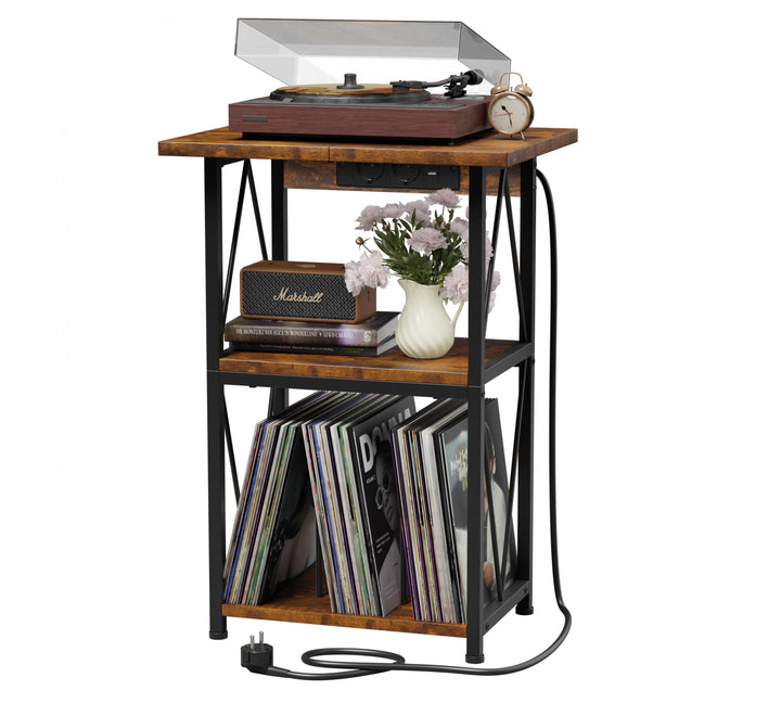 Plattenspieler Regal mit Ladestation, 50x40cm Schallplatten Regal, Braun | Stabiles Plattenspieler R