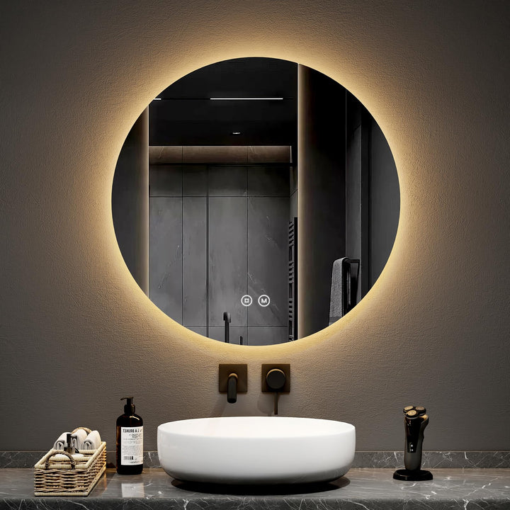 EMKE Badspiegel mit Beleuchtung rund 70cm, 3 Lichtfarbe | Badezimmerspiegel mit dimmbar, Touchschalt