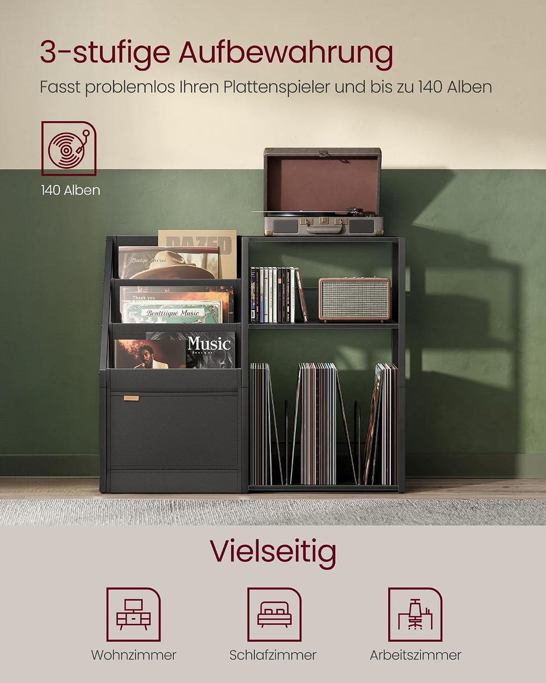 VASAGLE Plattenspieler-Ständer, 3 Etagen, Beistelltisch, Aufbewahrung von Schallplatten, bis zu 140