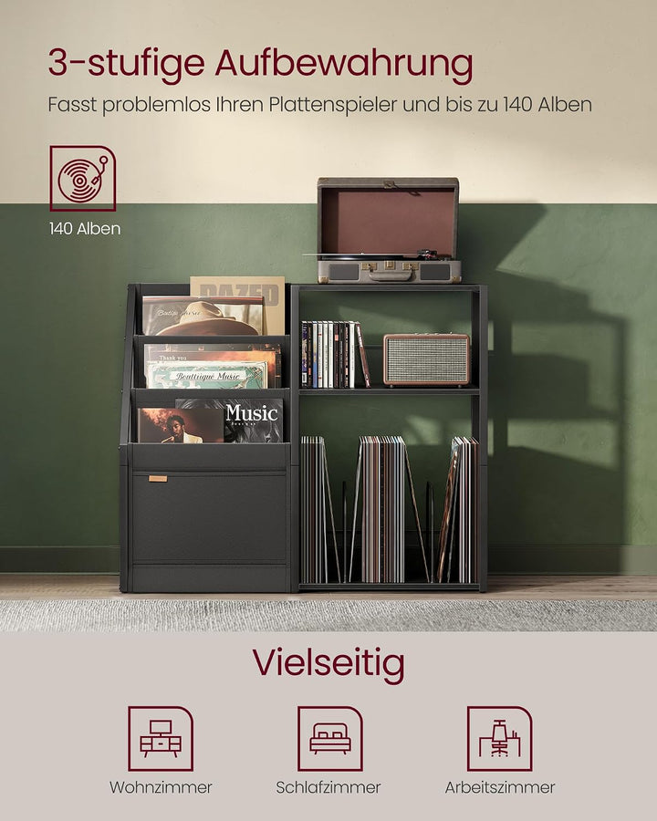 VASAGLE Plattenspieler-Ständer, 3 Etagen, Beistelltisch, Aufbewahrung von Schallplatten, bis zu 140