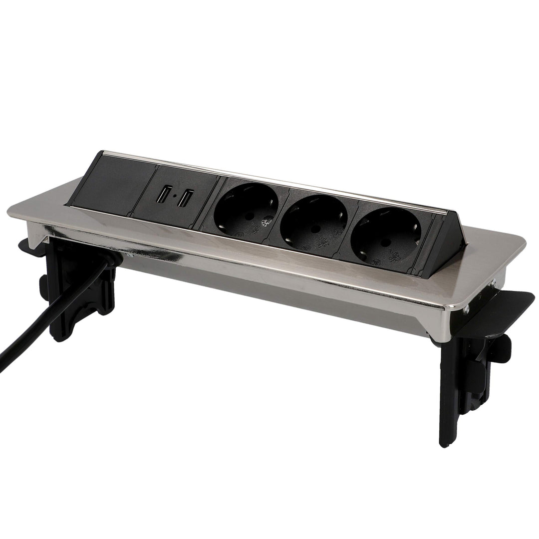 Unitec Versenkbare Steckdosenleiste horizontal | 2 USB Ladebuchsen | 3 Steckdosen | beiliegende Halt