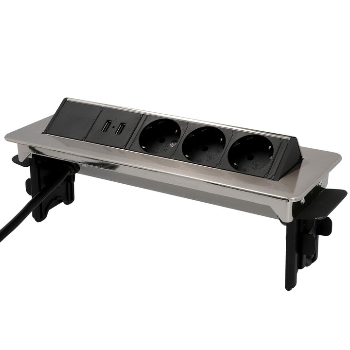 Unitec Versenkbare Steckdosenleiste horizontal | 2 USB Ladebuchsen | 3 Steckdosen | beiliegende Halt