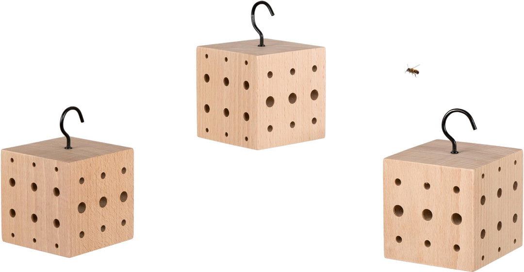 WONDERMAKE® 3er Set: Design Insektenhotel klein, Kubus aus Buche-Holz mit 3X 42 Nistplätzen, Bienenh