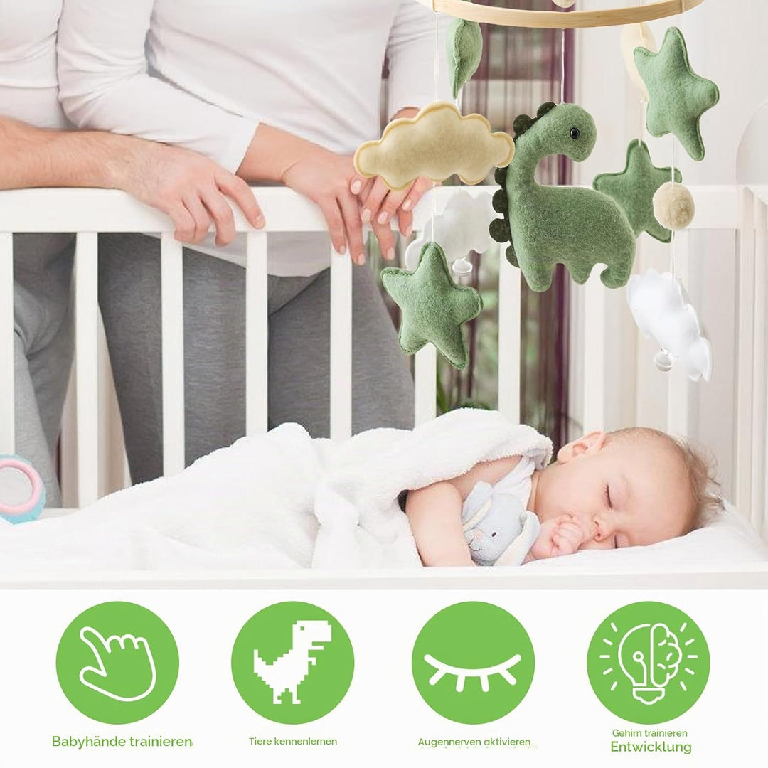 Baby Windspiel Dinosaurier mit Sternen &amp; Wolken – Holz Mobile Babybett Dekor, Sensorisches Spielzeug