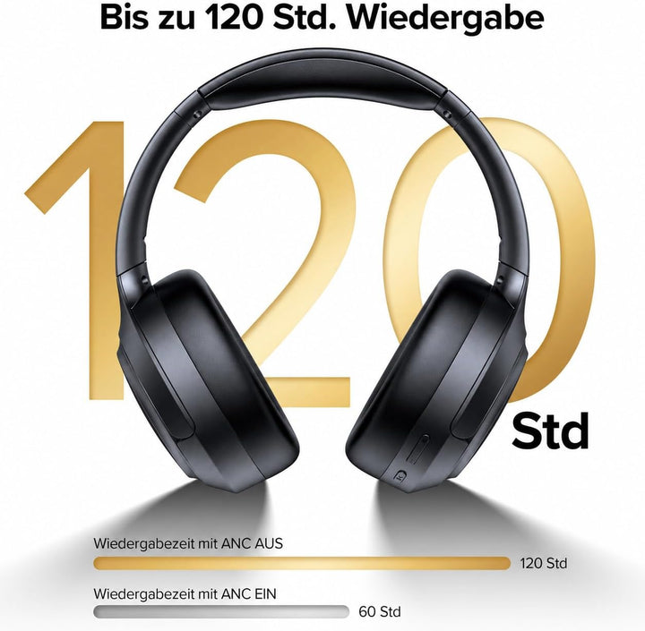 Bluetooth Over Ear Kopfhörer mit Hybrid ANC & 6 ENC Mikrofonen,120 Std Akku, Faltbares Design, Komfo