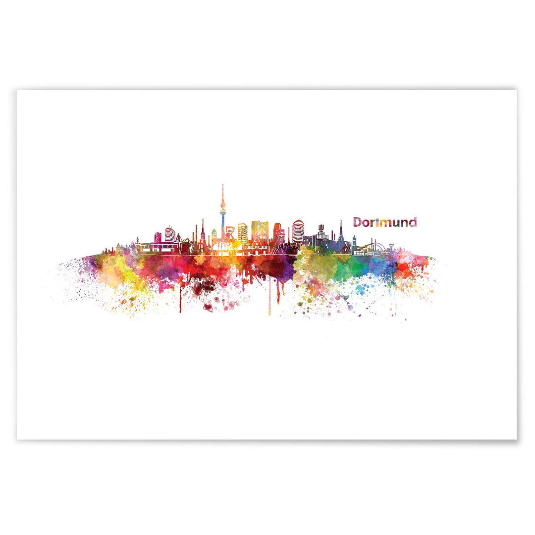 JUNIWORDS Poster mit/ohne Holzrahmen, Wähle ein Motiv, Aquarell Skyline Dortmund, Wähle eine Grösse,