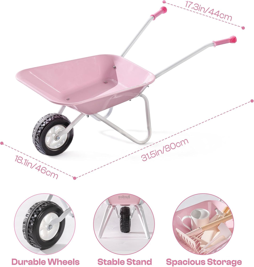 ROBUD Kinderschubkarre Metall mit Gartengeräte Set, 6-teilig Kinderschubkarre mit Langer Schaufel, R