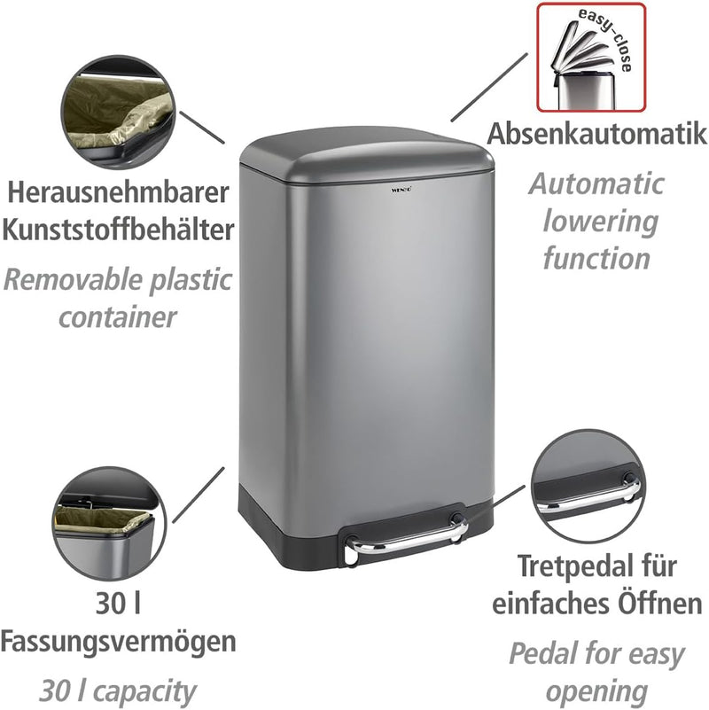 WENKO Küchen Abfalleimer Studio Easy-Close, 30 Liter, grosser Mülleimer mit Absenkautomatik, Tretfun