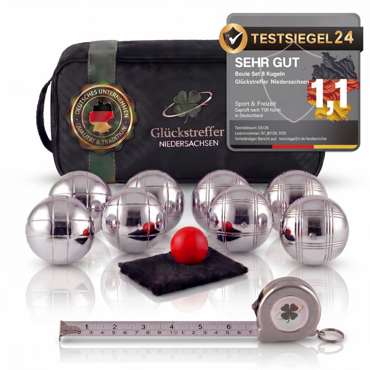 Glückstreffer Boule Set - 8 Boccia Kugeln mit Premium Boule Zubehör - Petanque Spiel für Garten, Str