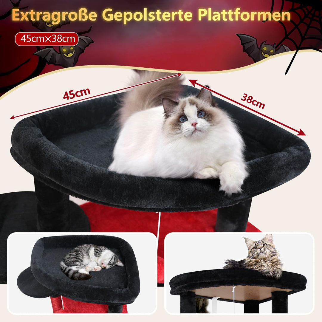 Globlazer Kratzbaum Gotisch Schwarz Rot, Eckkratzbaum Stabil hoch 167 cm mit 2 Sektor Katzenhaus, Ge