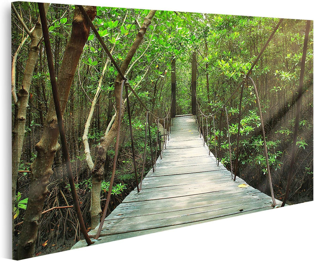 islandburner Bild auf Leinwand Hängebrücke Im Wald Bilder Wandbilder Poster Leinwand 100x57cm, Leinw