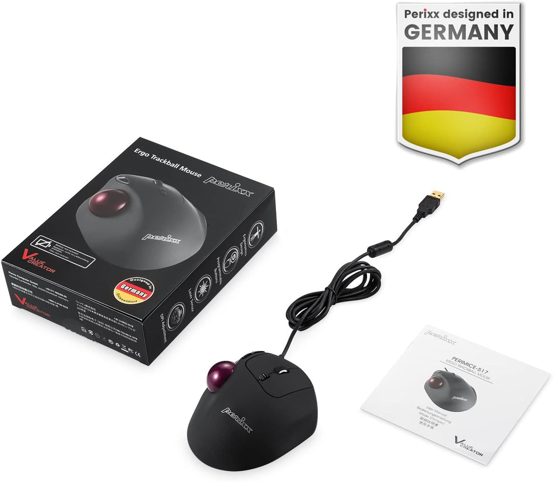 Perixx PERIMICE-517 Ergonomische Maus mit Trackball - 400/1000 DPI - Kabelgebunden, Kabelgebunden