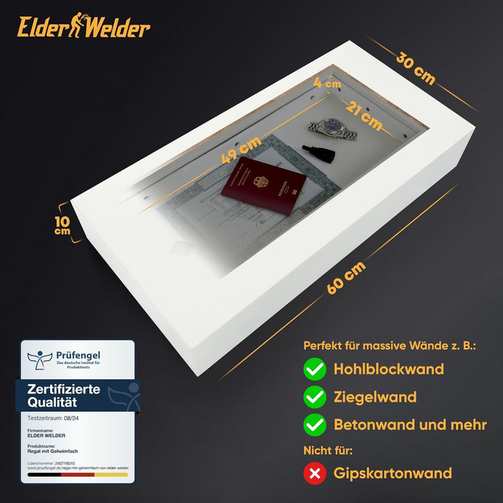 Elder Welder® Regal mit Geheimfach | 30cm x 60cm | Geheimfach Möbel | Wandregal Weiss mit Geheimvers