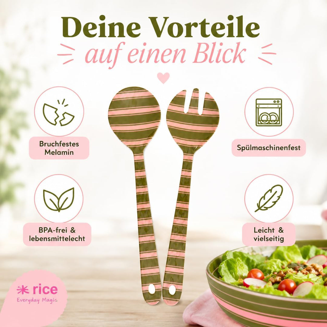 RICE Salatbesteck Melamin 2-teilig, 29 cm, grün rosa Streifen | Salatlöffel &amp; Salatgabel, BPA-frei,