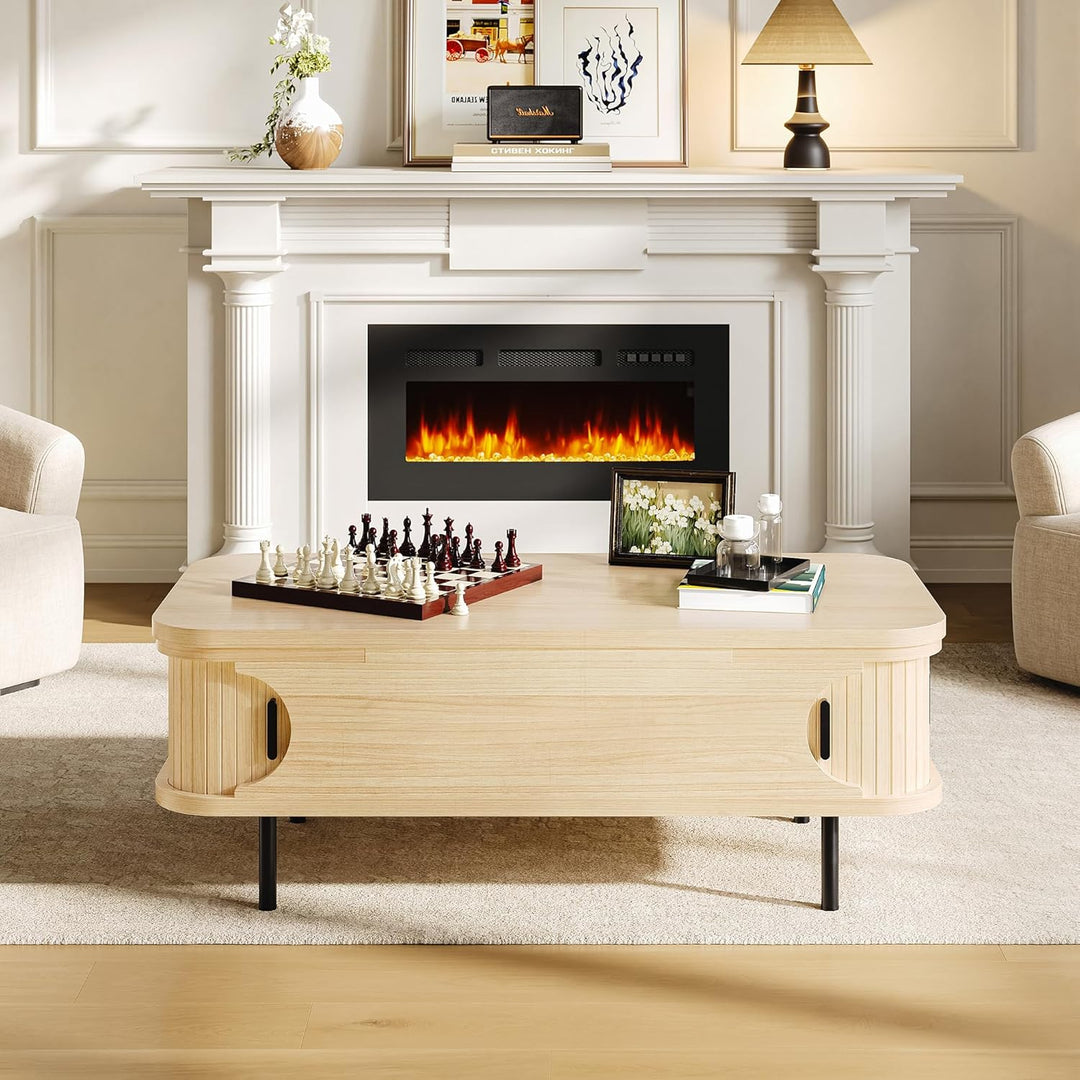 IRONCK Couchtisch höhenverstellbar, Wohnzimmertisch mit Stauraum, Holz Kaffeetisch mit Schiebetüren,