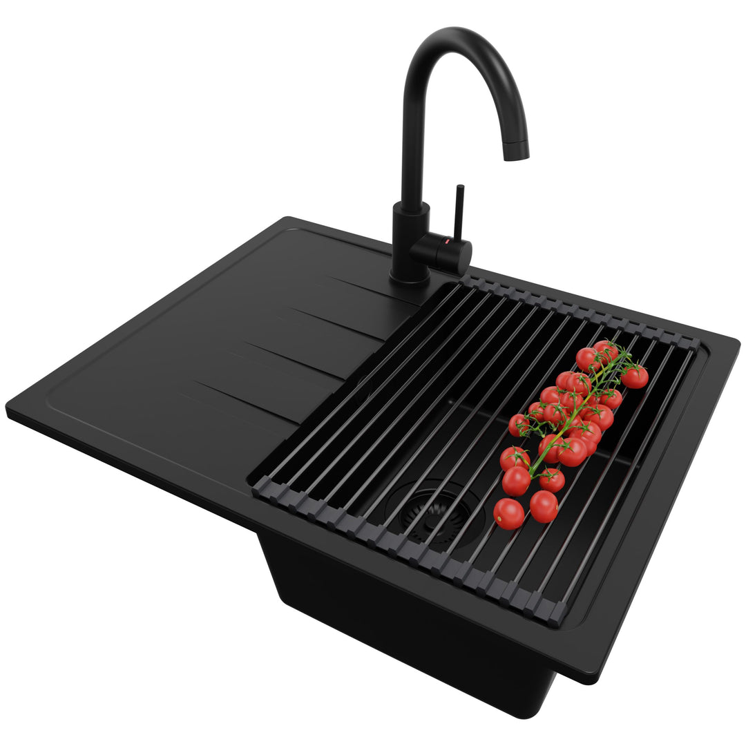 PRIMAGRAN Granitspüle Alles Schwarz 62x50cm, Spülbecken 1 Becken + Küchenarmatur 32x20cm + Zuberhor-