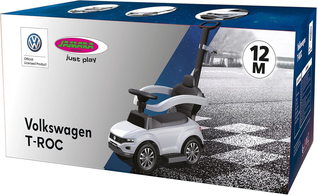 JAMARA 460463 - Rutscher VW T-ROC 3in1 - Kinderfahrzeug, Kippschutz, Kofferraum, Schub-und Haltestan