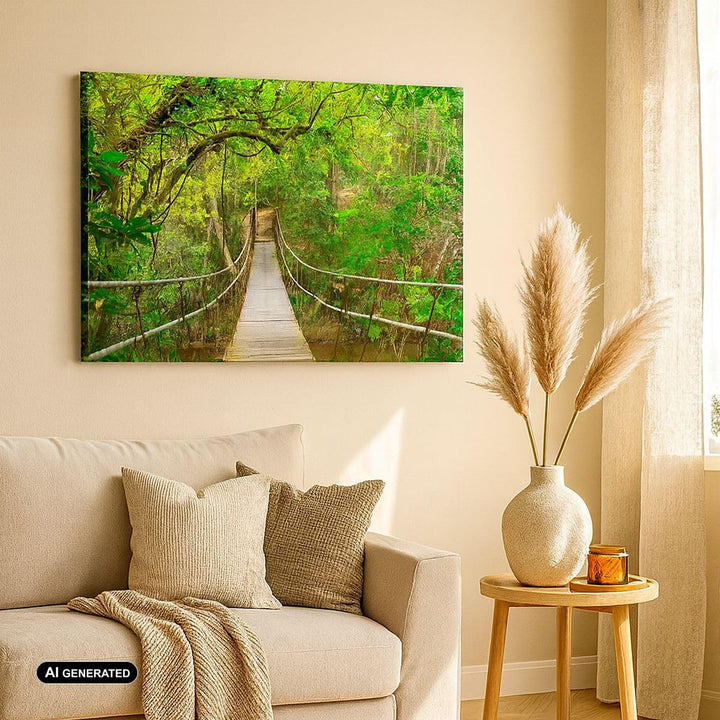 Bilder auf Leinwand 100x70cm Leinwandbild Fussgängerbrücke Wald Abenteuer Gross Wanddeko Bild Schlaf