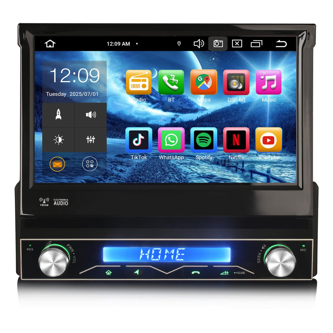 8-Kern Android 14 Universal Autoradio 1 Din GPS Sat mit 7" Motorisierter Bildschirm Kabelloses Carpl