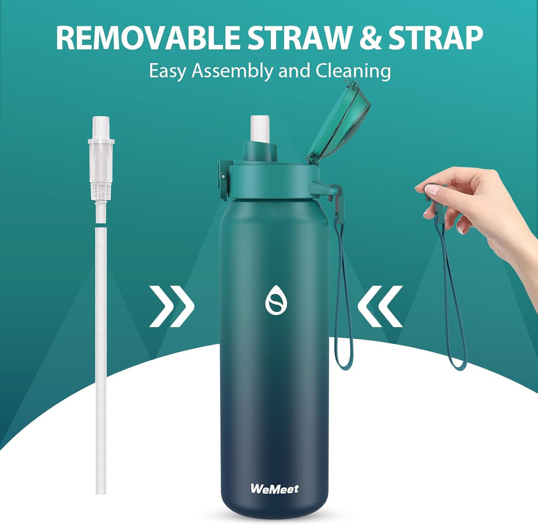 Thermosflasche mit Abnehmbarem Strohhalm 700ml, Auslaufsicher Doppelwandig Edelstahl Trinkflasche, W