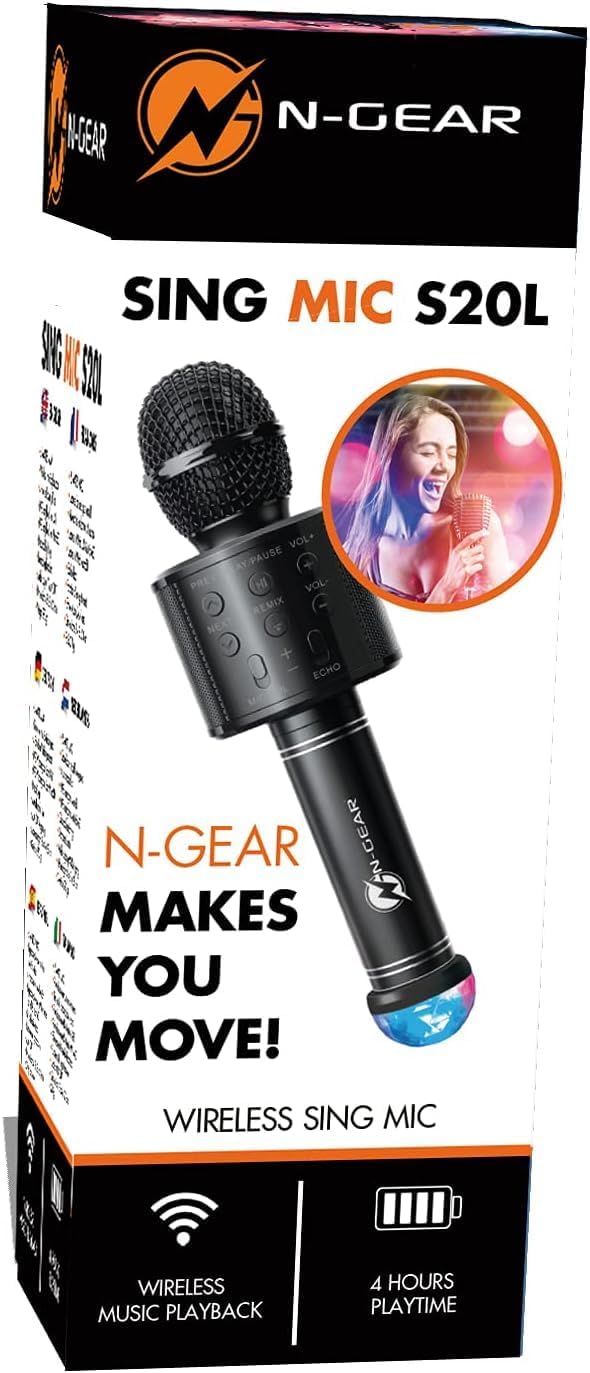 NGEAR SingMic S20L Bluetooth Karaoke Mikrofon mit 10W Max Leistung, 2 Zoll Lautsprecher, RGB Disco L